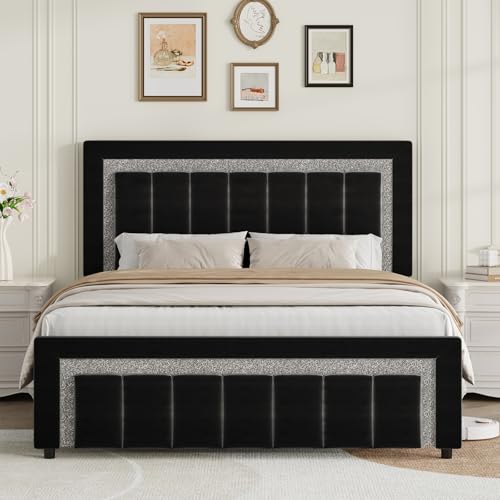 HOMBCK Full Size Bed Frame with LED Lights and Velvet Upholstered Headboard, Bed Frame Full with Modern Diamond Headboard Adjustable, Wooden Slats Support, Noise Free, No Box Spring Needed, Black HOMBCK
