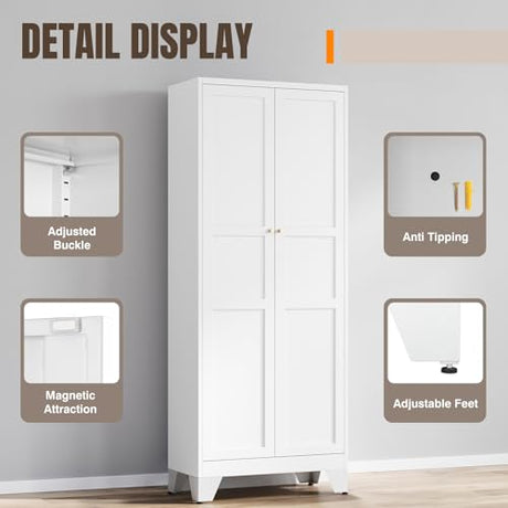 Yizosh Metal Pantry Cabinet, 75" Kitchen Pantry with 2 Door and 4 Adjustable Shelves,White Metal Pantry Storage Cabinet,Cupboard for Kitchen,Dining Room,Living Room and Bathroom Yizosh