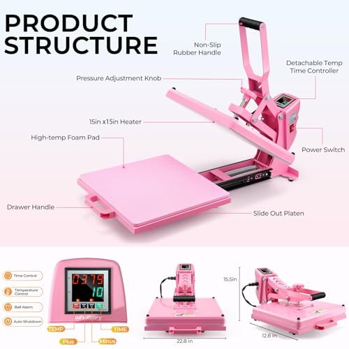 Whubefy Heat Press 15x15 Slide Out, Industrial-Quality Clamshell Sublimation Heat Transfer Machine with 5 DTF Transfer Sheets, Digital Heat Press Machine for T Shirts/Bags/Pillows/Mouse Pad (Pink) Whubefy