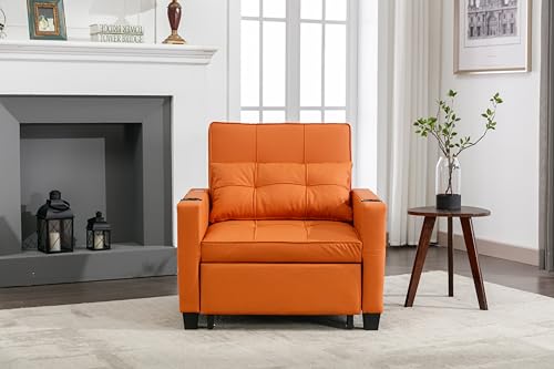 LENA LACED Convertable Futon Chair Bed with USB Ports and Cup Holders, 3-in-1 Design for Living Room, Orange Leather LENA LACED