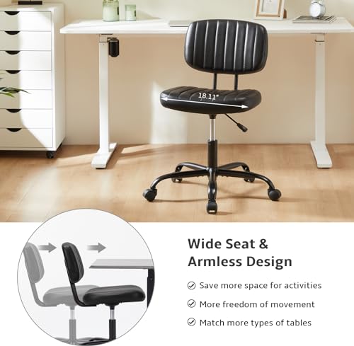 NEWBULIG Armless Small Office Desk Chair with Low Back Lumbar Support, PU Leather Computer Vanity Chair with 360° Swivel Rolling Wheels, Height Adjustable Task Chair for Small Space, Black NEWBULIG