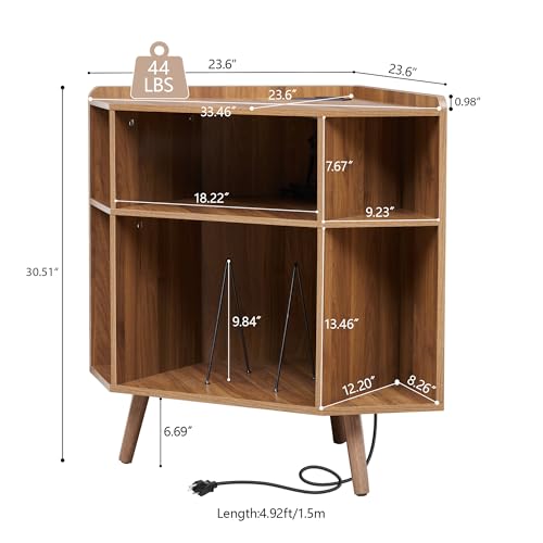 MAHYIZYI Corner Record Player Stand with Charging Station & USB Ports, 3 Tier Mid Century Modern Vinyl Record Storage Cabinet, Wood Turntable Stand for Music Room, Living Room, Small Space (Walnut) MAHYIZYI