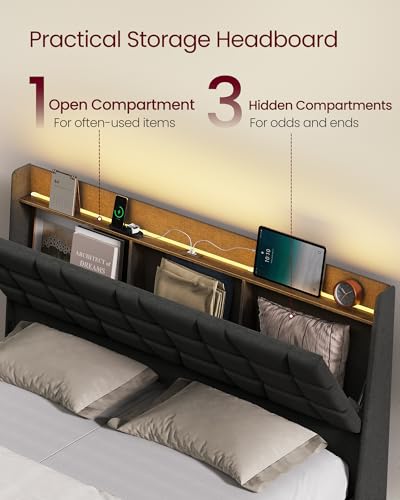 VASAGLE Queen Size Floating Bed Frame with LED Lights, Upholstered Queen Bed Frame with Charging Station, Tufted Storage Headboard, Noise-Free, No Box Spring Needed, Dark Gray URMB851G71SV1 VASAGLE