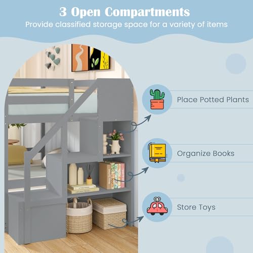 Giantex Twin Over Full Bunk Bed with Stairs, Solid Wood Floor Bunk Bed with Storage Staircase & Full-Length Guardrails, Low Bunk Bed with for Kids, Teens, Adults, Dorm, Small Space, Grey Giantex