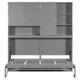 SOFTSEA Twin Size Horizontal Murphy Bed with Bookcase, LED Light and USB Charging Station, Space-Saving Hideaway Wall Bed Frame, Grey SOFTSEA