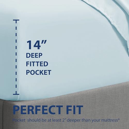 Cathay Home Luxury Wrinkle And Fade Resistant Double Brushed Ultra Soft Microfiber 14-inch Standard Pocket Single Fitted Sheet, Aqua, Twin Cathay Home