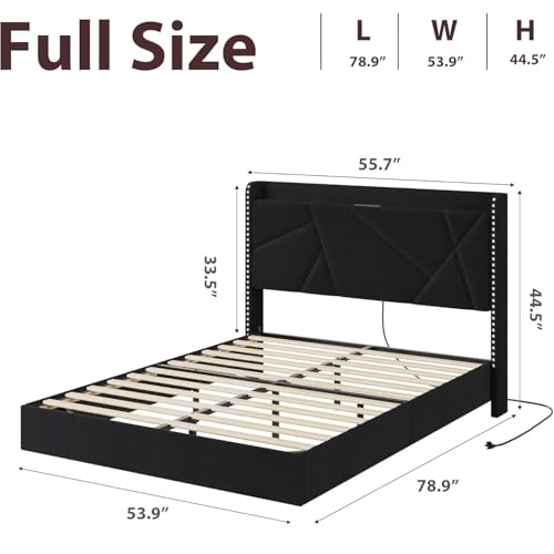 Garvee Full Size Floating Bed Frame with RGB LED Lights and Charging Station, Upholstered Platform Bed with Storage Headboard and Button Tufted Design, No Box Spring Needed, Black Garvee