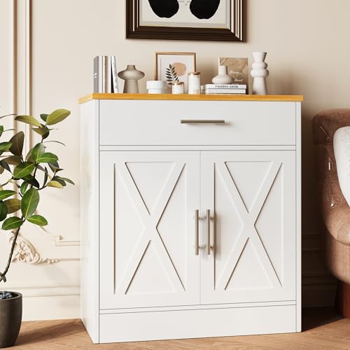 Vongrasig Farmhouse Coffee Bar Cabinet, Small Sideboard Buffet with Storage, Modern Kitchen Storage Cabinet with 1 Drawer and 2 Doors for Kitchen, Dining Room, White Vongrasig