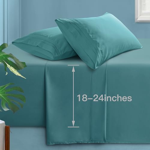 Manyshofu Extra Deep Pocket Twin Sheets Set - Hotel Luxury 1800 Thread Count Sheets & Pillowcases - Kids Bedding Set up to 24" Mattress - Teal Bed Sheets 18-24 Inch Deep Pockets - 3 Piece Manyshofu