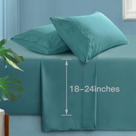 Manyshofu Extra Deep Pocket Twin Sheets Set - Hotel Luxury 1800 Thread Count Sheets & Pillowcases - Kids Bedding Set up to 24" Mattress - Teal Bed Sheets 18-24 Inch Deep Pockets - 3 Piece Manyshofu