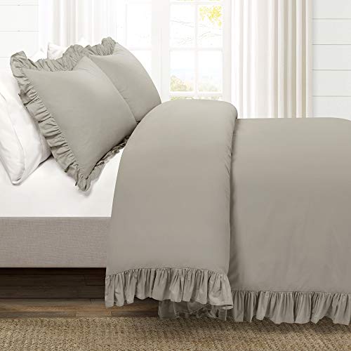 Lush Decor Reyna Ruffle Cotton Duvet Cover Set 3 Piece Set Full/ Queen, Gray - Queen Size Bedding Set - Gray Duvet Queen- Ruffled Bedding - Coquette Decor Lush Decor