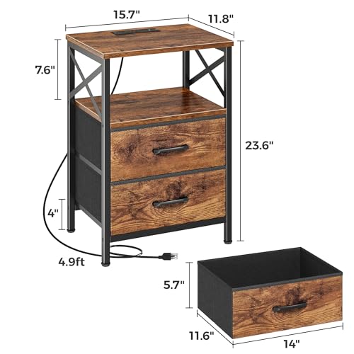 Huuger Nightstands Set of 2, Night Stand with Charger Station, 2 Drawer Side Table with Open Shelf, USB-C Port, End Table for Small Spaces, X Shaped Side Rail, Rustic Brown Huuger