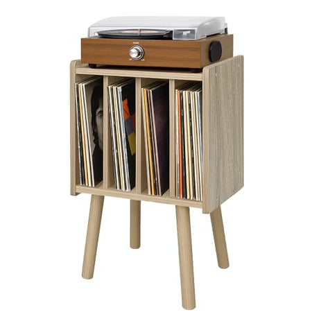 Record Player Stand, Vinyl Record Storage Table with 4 Cabinet, Mid Century Modern Turntable Stand, Organizer Vinyl Table for Bedroom Living Room, White Oak Montex