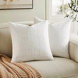 ZeeMart Linen Checked Throw Pillow Covers Set of 2, 18x18 Inch White/Natural White, Farmhouse Decorative Single Sided Grid Embroidered Couch Pillow Cases Cotton Linen Cushion Covers ZeeMart