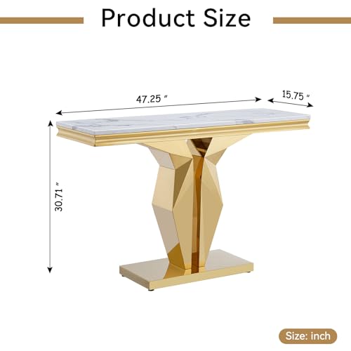 Faux Marble Console Table, 47" Entryway Tables Narrow Entry Table with 0.71" Thick Marble Tabletop and Gold Stainless Steel Base, Luxury Modern Cocktail Center Table for Office Living Room Kootlena