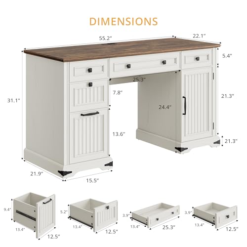 IRONCK 55'' Farmhouse Desk Home Office with Drawers, Wooden Computer Desk with Charging Station, File Drawers and Storage Cabinet, Executive Desk for Work, Study Writing, White IRONCK