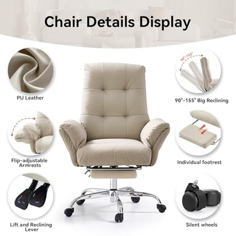 EMIAH Office Chair with Foot Rest Criss Cross Chair with Wheels and Flip-up Arms Reclining Desk Chair Comfy Wide Seat PU Leather Rolling Computer Home Office Chair (Beige) EMIAH