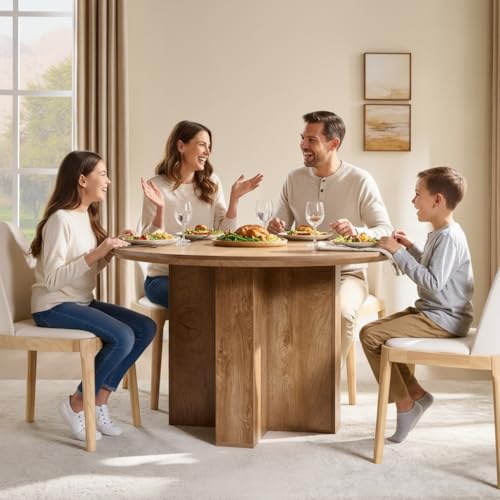 OKD 47" Round Dining Table for 4 People, Modern Pedestal Kitchen Table with Stable Cross Base & Thick Wood Top, Circle Dinner Table for Dining Room, Kitchen, Living Room, Light Tree Knot (Table Only) OKD