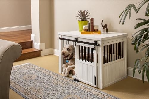 New Age Pet® ECOFLEX® Homestead Sliding Barn Door Furniture Style Dog Crate - Antique White, Large (EHDBC15-04L) - Stylish, Durable, Removable Cushions, Easy to Assemble. - WoodArtSupply