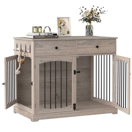 BREEZEHEAT 40 inch Dog Crate Furniture-Farmhouse Dog Kennel with Drawers-End Table Wooden Pet Crate, Double Door Design, Decorative Dog House Indoor for Small Medium Large Dog, Oak Grey BREEZEHEAT