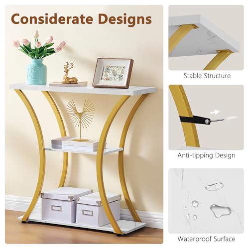 Hoctieon 3 Tier Console Table with Open Wood Shelves, Decorative Entryway Table with Curved Metal Frames, Narrow Sofa Table for Entrance, Living Room, Hallway, Gold and White Marbled Hoctieon