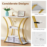 Hoctieon 3 Tier Console Table with Open Wood Shelves, Decorative Entryway Table with Curved Metal Frames, Narrow Sofa Table for Entrance, Living Room, Hallway, Gold and White Marbled Hoctieon