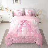 Feelyou Kids Pink Bowknot Bed in A Bag Full Size, Personalized Initial A Comforter Set with Sheets Princess Glitter 7 Pieces Bedding Set Boys Girls Bow Alphabet Teens Bed Set Bedroom Decor 7Pcs Feelyou