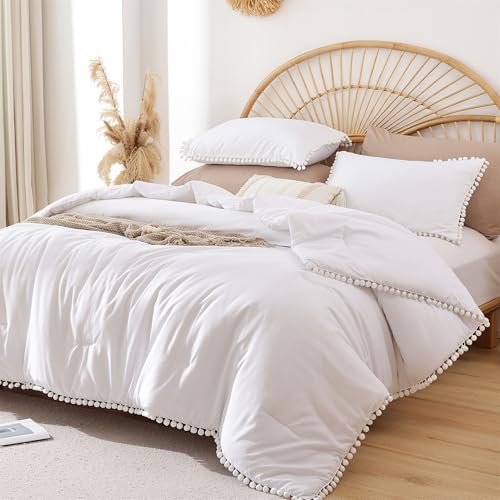 YIRDDEO Queen Comforter Set - Comforter Queen Size Sets with Ball Pom Fringe, Soft Bedding Set for All Seasons - 3 Pieces, 1 Comforter (90"x90") & 2 Pillow Shams (20"x26"), White YIRDDEO