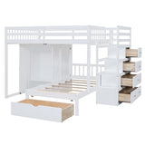 Ball & Cast Full Over Twin Bunk Bed with Safty Guardrail & Storage Stair,Wood Loft Bedframe W/Wardrobe & Drawers,Space-Saving Design,Easy Assembly,Versatile Furniture for Boy Girl Teen Bedroom,White Ball & Cast