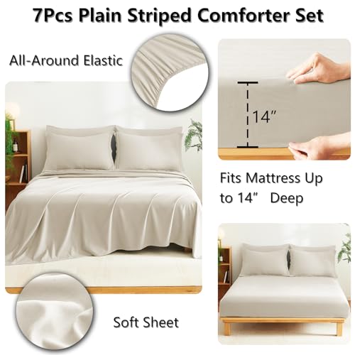 CozyLux Queen Comforter Set Beige - 7 Pieces Striped Seersucker Bed in a Bag, Soft Lightweight Boho Bedding Set with All Season Comforters Queen Size, Sheets, Pillowcases & Shams CozyLux