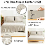CozyLux Queen Comforter Set Beige - 7 Pieces Striped Seersucker Bed in a Bag, Soft Lightweight Boho Bedding Set with All Season Comforters Queen Size, Sheets, Pillowcases & Shams CozyLux