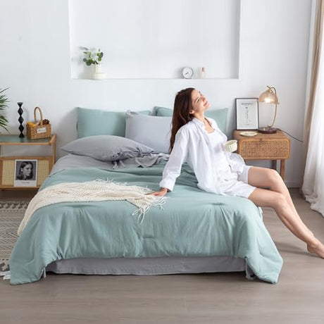 COTTEBED Ultra-Soft Twin Comforter Set with Sheets - 5 Pieces Bed in a Bag Twin Down Comforter & Bedding Sheet Sets, Lightweight Boho Cozy Washed PolyCotton for Kids Boy Girl All Season Use,Sage Green COTTEBED