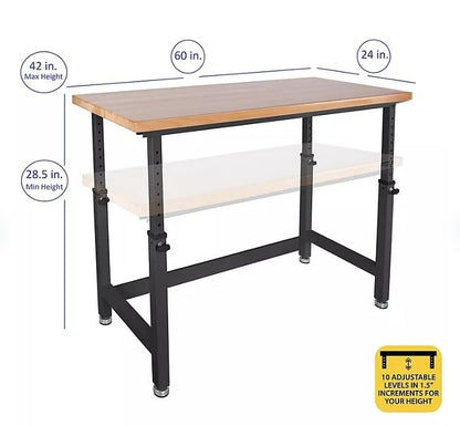 Heavy Duty Height Adjustable Workbench Table with Solid Wood Top, 1000 to 2000 lbs. Weight Capacity Workstation for Garage, Warehouse, Workshop, (28.5" to 42") Height (Graphite, 60" W x 24" D - WoodArtSupply