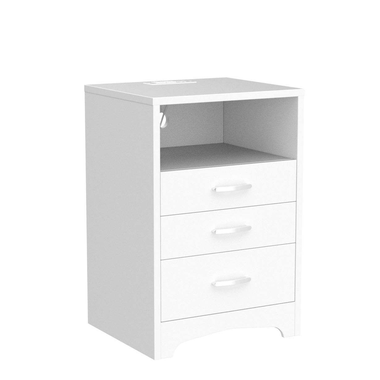 White Nightstand with Charging Station, Modern End Side Table with 3 Drawers, Wooden Cabinet Stand by Sofa, Bedside Tables for Bedroom with USB Ports Outlet & Open Storage