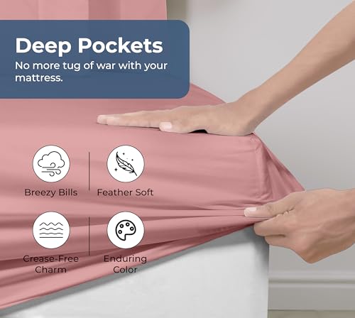 Royale Linens 100% Organic Cotton Fitted Sheet - Percale Weave - Super Soft Deep Pocket Bottom Sheets - Pink Elastic Sheet Queen Size - Queen Fitted Sheets Only - (60"x80"+15", Pink) ROYALE LINENS