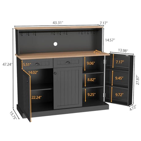 Gyfimoie Sideboard Buffet Cabinet with 2 Drawers, Farmhouse Kitchen Pantry with Adjustable Shelves, Coffee Bar Cupboard Cabinet with 3 Doors for Kitchen, Dining Room (Black) Gyfimoie