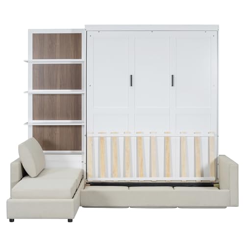 Queen Size Murphy Bed with Sofa and Shelves, Solid Wood Wall Bed can be Folded into a Cabinet for Small Spaces Apartments Studio Guest Room (White#S1) Quarte