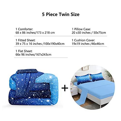 ROWADALO 5 Pieces Blue Gradient Glitter Sparkles Comforter Set Twin Size Galaxy Starry Sky Bedding Sets 5 Pcs Bed In A Bag for Kids Teen Girls Ultra Soft All-Season Girls Comforter Set,DJT-GB5002-Twin ROWADALO