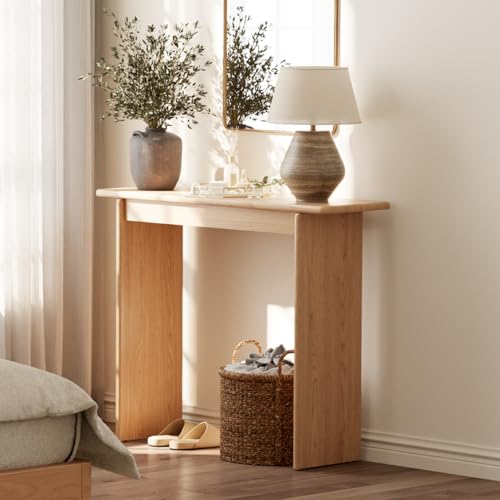 AQIMUELE Natural Console Table Thin Rubberwood Minimalist Mid-Century Style | Stable and Sturdy 11.8" D x 39.4" W x 31.5" H for Entryway/Sofa Back AQIMUELE