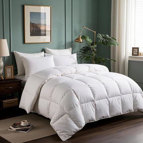 Serta Goose Feathers Down Fiber Comforter Queen Size Duvet Insert,100% Cotton,Hotel Luxury Hypoallergenic Comforter 58oz All Season Medium Warmth 90 x 90 in White Serta