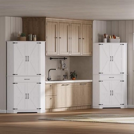 IRONCK 72" Corner Cabinet, Kitchen Pantry Storage Cabinet with Drawer, Spacious Farmhouse Pantry with 3 Adjustable Shelves, 2 Doors Storage, for Kitchen, White IRONCK