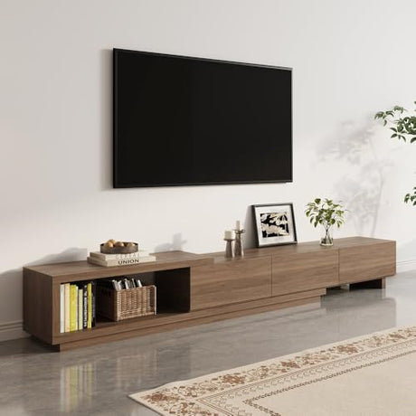 homary Extendable Walnut TV Stand – Modern Media Console with 3 Drawers, Adjustable Length (71"–100") for 80" TV, Living Room Entertainment Storage Cabinet (MDF, Walnut) homary