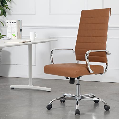 LANDSUN Home Office Chair High Back Executive Chair Ribbed Leather Computer Desk Chair with Armrests Soft Padded Adjustable Height Swivel Modern Conference Chrome Brown LANDSUN