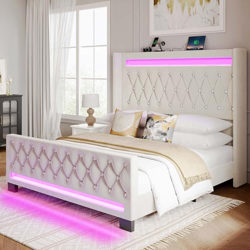 Rolanstar Queen Bed Frame with LED Light and Charging Station, Upholstered High Headboard and Footboard, Wood Slats, Noise Free, Easy Assembly, Beige Rolanstar