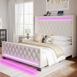 Rolanstar Queen Bed Frame with LED Light and Charging Station, Upholstered High Headboard and Footboard, Wood Slats, Noise Free, Easy Assembly, Beige Rolanstar