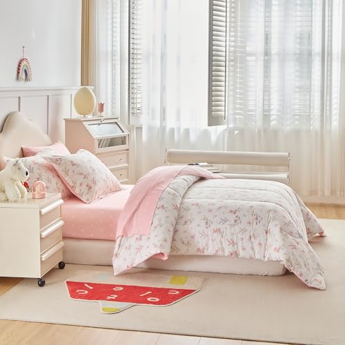 Joyreap 6pcs Cotton Comforter Sheet Set for Girls, Twin Size Bed in a Bag, Pink Floral Design, Soft n Cozy Kids Bedding Comforter Set for All Season- 68x88 inches Joyreap