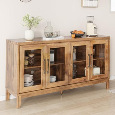 AMERLIFE 63'' Buffet Cabinet, High Gloss Wooden Sideboard with 4 Glass Door, Sideboard Buffets Cabinet with Storage for Dining Room, Living Room, Kitchen, Oak AMERLIFE