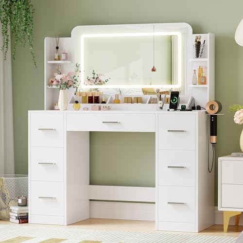 JUMMICO Makeup Vanity Desk with Large Mirror and LED Lights, Vanity with Power Strip and Hairdryer Holder, 6 Open Shelves and 7 Drawers Modern Dressing Table, for Bedroom (White) JUMMICO