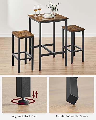 VASAGLE Bar Table and Chairs Set, Square Table with 2 Stools, Dining Pub Set for 2, Space Saving for Kitchen Breakfast, Living Room, Rustic Brown and Ink Black VASAGLE