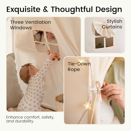 Tiny Land Kids Tent with Mat and Star Lights, Indoor Playhouse for Toddlers, 57"x36"x52" Large Reading Nook for Girls & Boys, Modern Bed Canopy for Kids Room, Teepe Tent